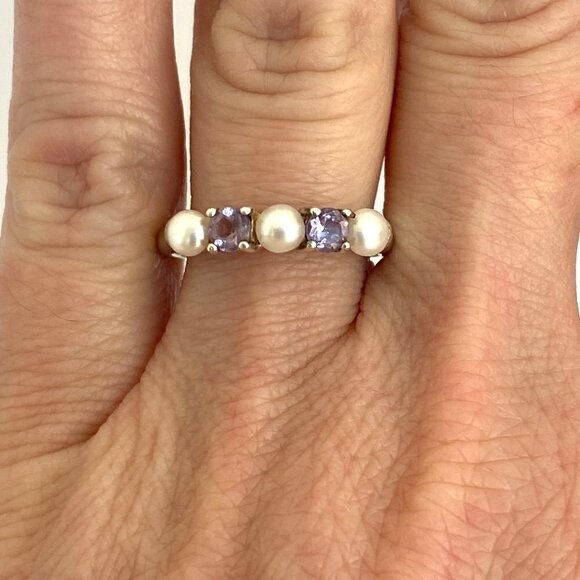 Sterling Silver 925 Multi Gemstone Round Amethyst Genuine Pearl Band Ring Sz 7 - Picture 2 of 16